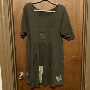 Blue Fish Short Sleeve Short Dress/Tunic Top Hand-painted Dark muted Sage green